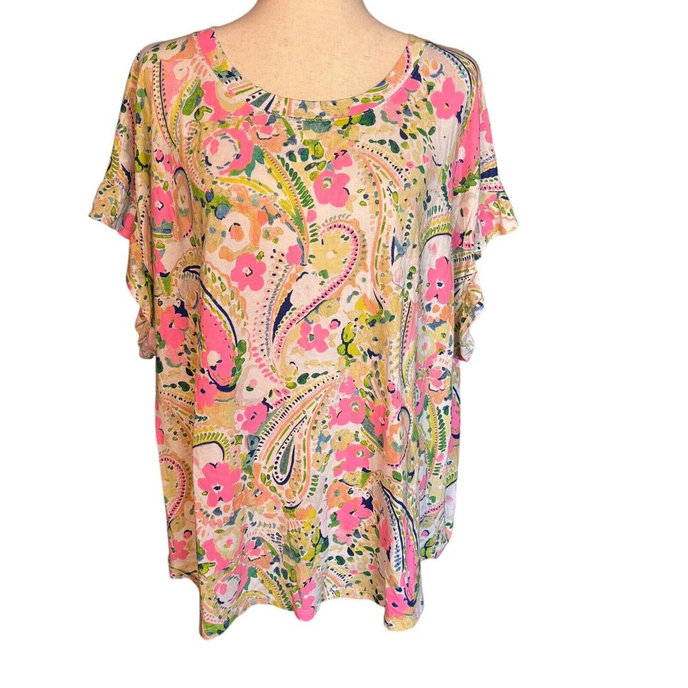 Crown & Ivy Top Womens 4X Pink Floral Print Scoop Neck Short Sleeve Ruffle - Picture 2 of 6
